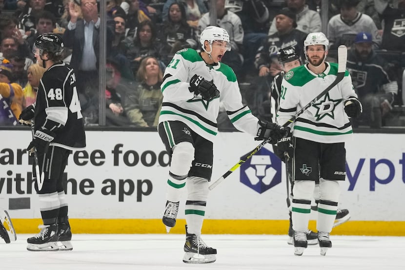 Dallas Stars left wing Jason Robertson (21) celebrates after scoring during the second...