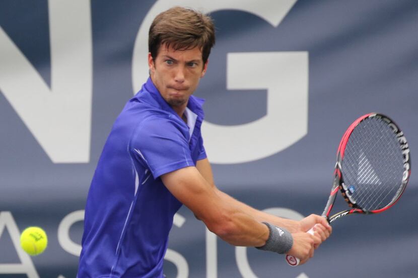 Alja Bedene plays in a semifinal match of the Irving Tennis Classic on Saturday, March 21,...