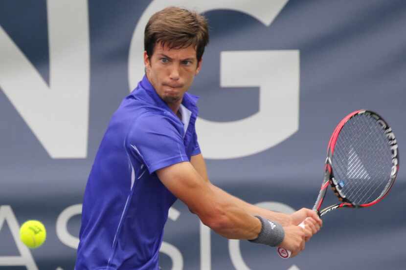 Alja Bedene plays in a semifinal match of the Irving Tennis Classic on Saturday, March 21,...