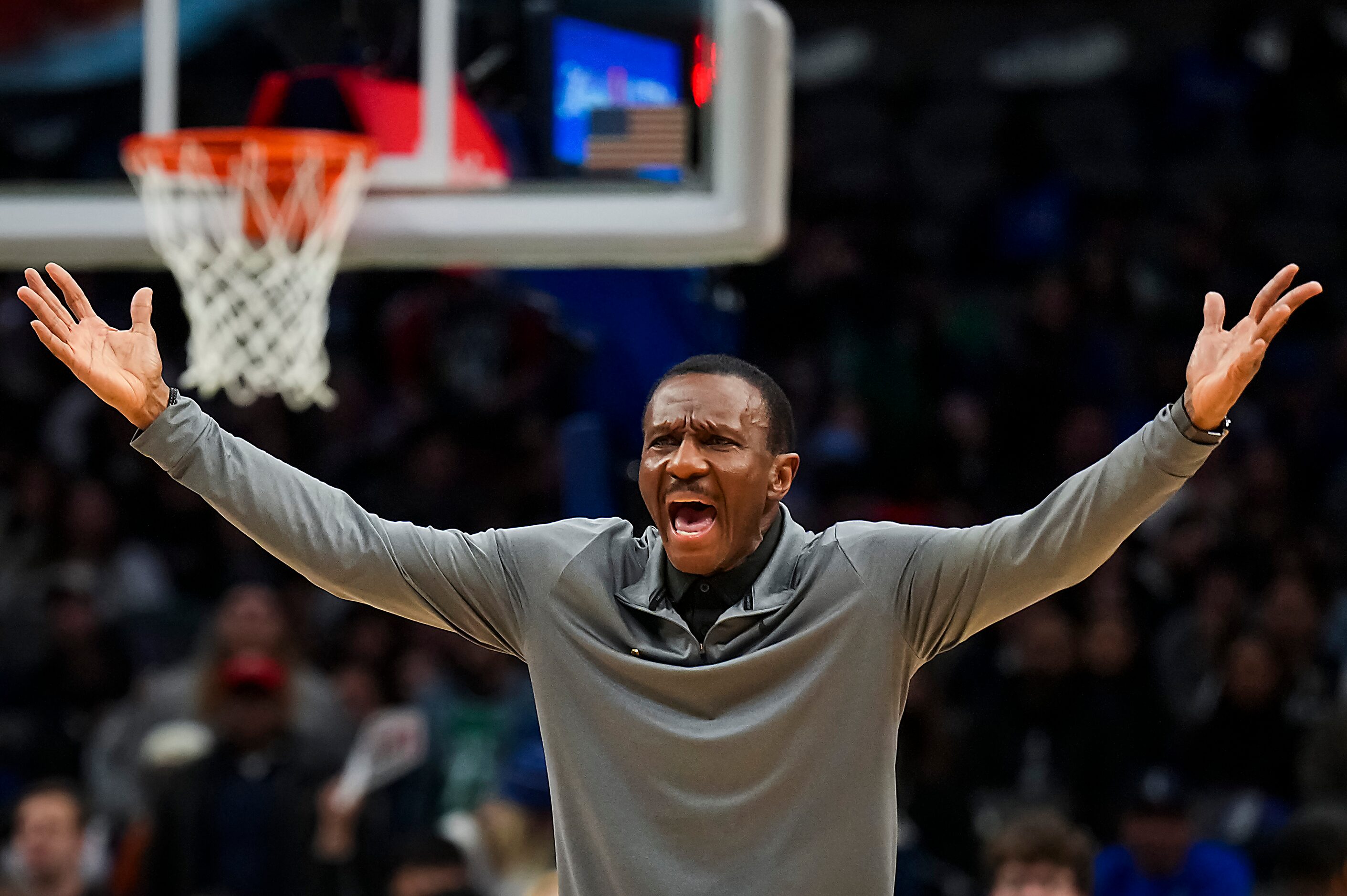 Detroit Pistons head coach Dwane Casey reacts after a call went against his team during the...