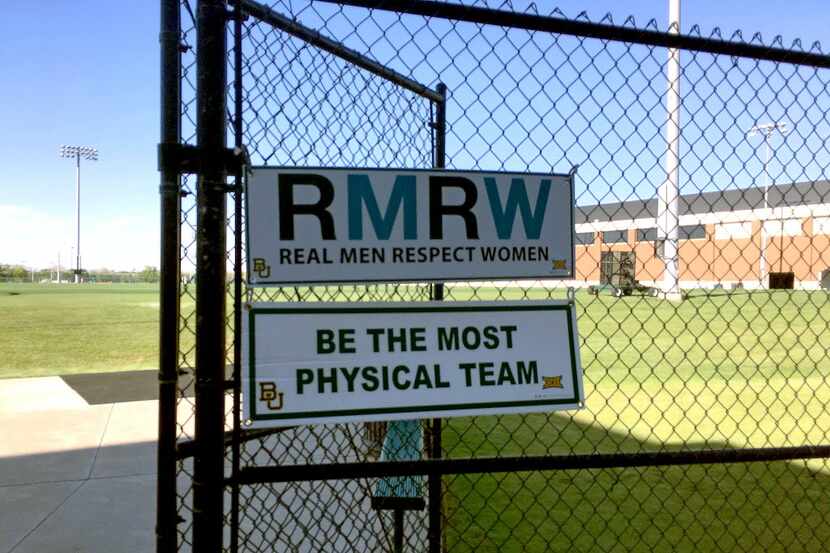 A sign at the entrance to the football practice field at Baylor University reminded players...