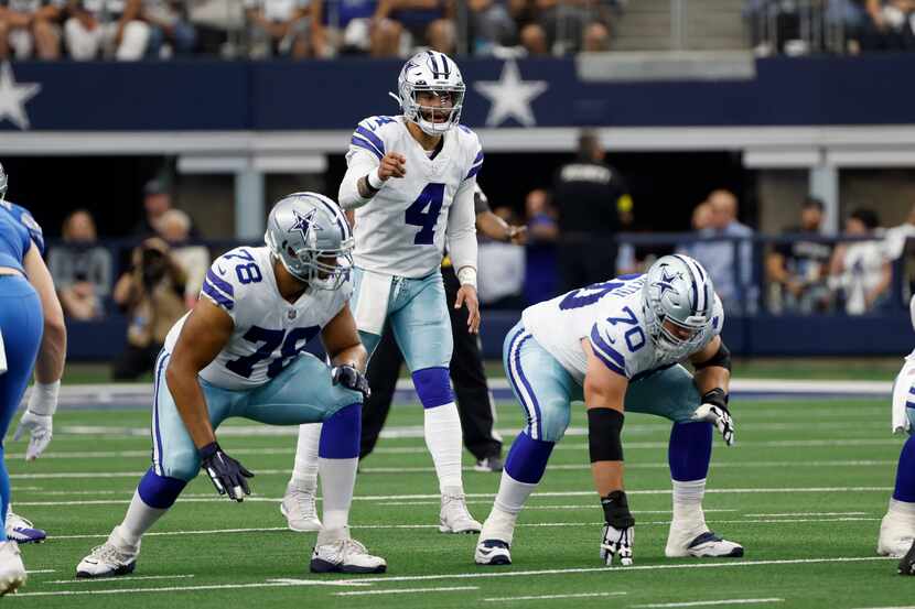 Dallas Cowboys quarterback Dak Prescott (4), offensive tackle Terence Steele (78), and guard...