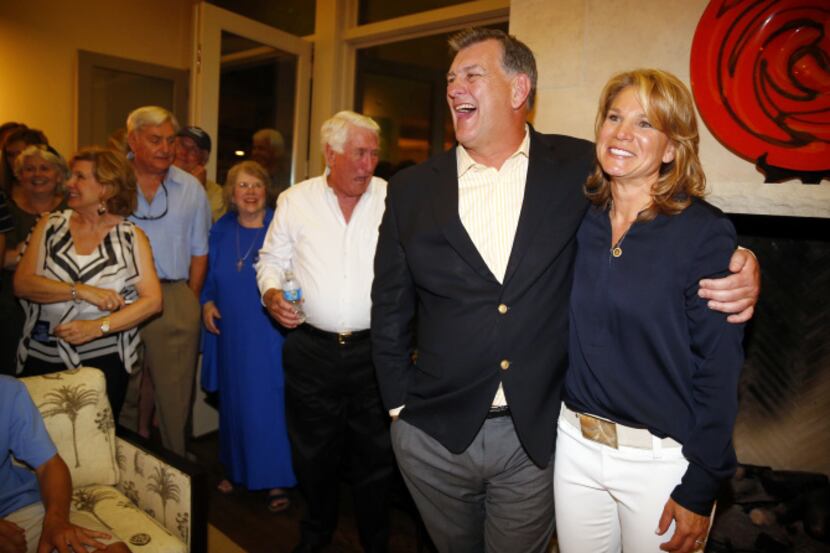 A victorious Jennifer Staubach Gates was congratulated by Dallas Mayor Mike Rawlings during...
