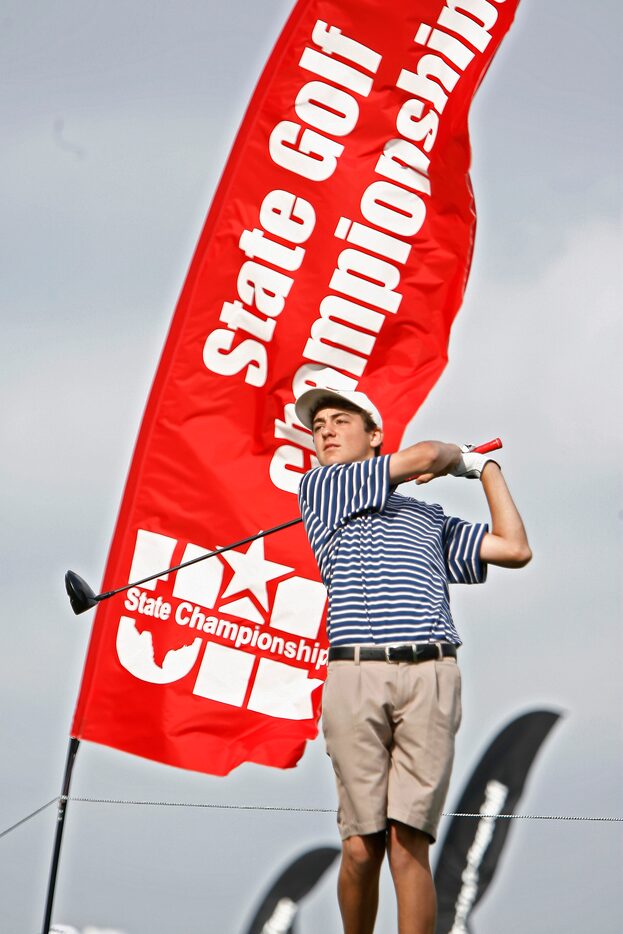 Scottie Scheffler of Highland Park tees off on the first round of the UIL 4A state golf...