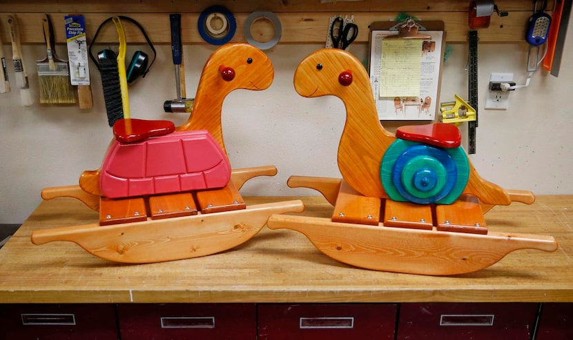 
"Tommy Turtle" (left) and "Smiley Snail" children's rockers produced by Bob Briola are...