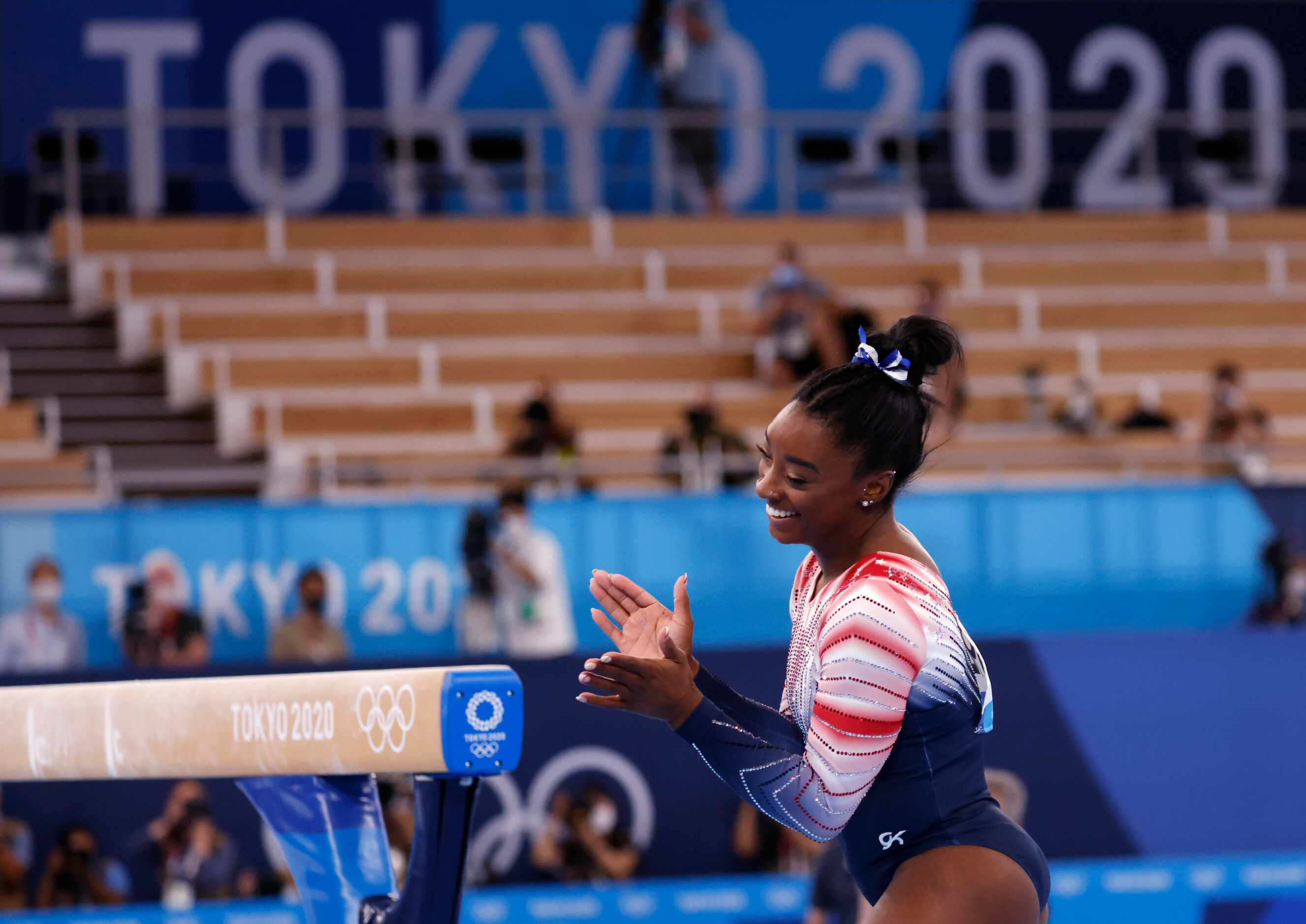 USA’s Simone Biles after competing in the women’s balance beam final at the postponed 2020...