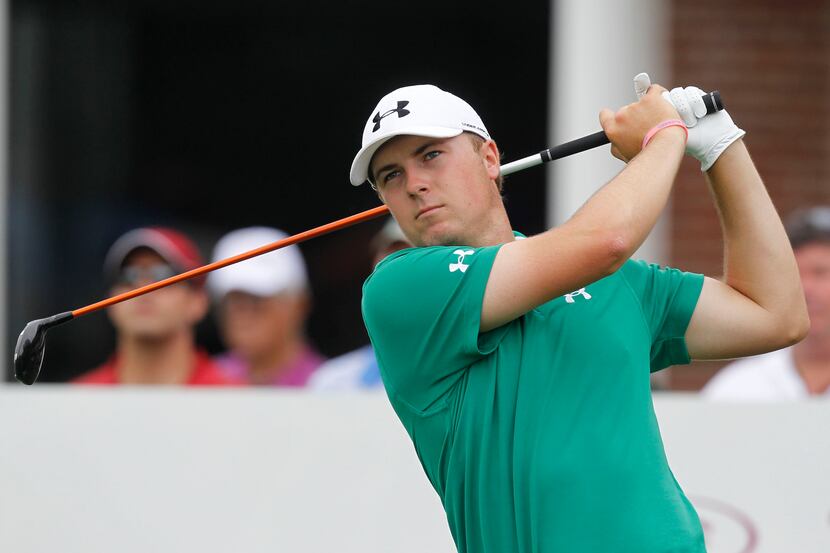 Jordan Spieth tees off on the 17th tee during the first  round of the Crowne Plaza...