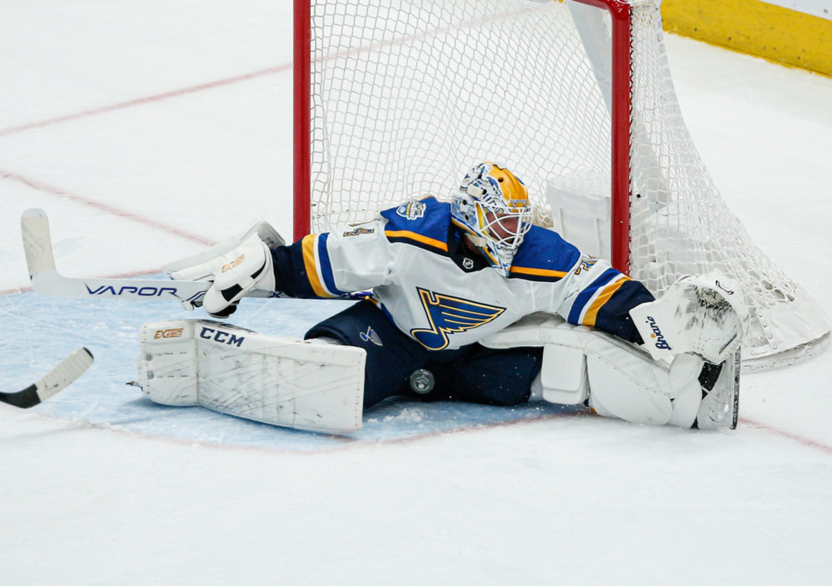 St. Louis Blues goaltender Jake Allen (34) blocks a shot during the second period of an NHL...