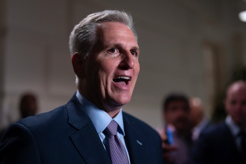 Speaker of the House Kevin McCarthy, R-Calif., talks to reporters after a closed-door...