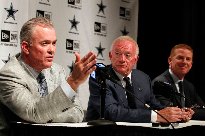 Dallas Cowboys executive vice president Stephen Jones answers questions from the media as...