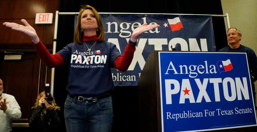 Angela Paxton acknowledged the applause of supporters at her election return party at the...