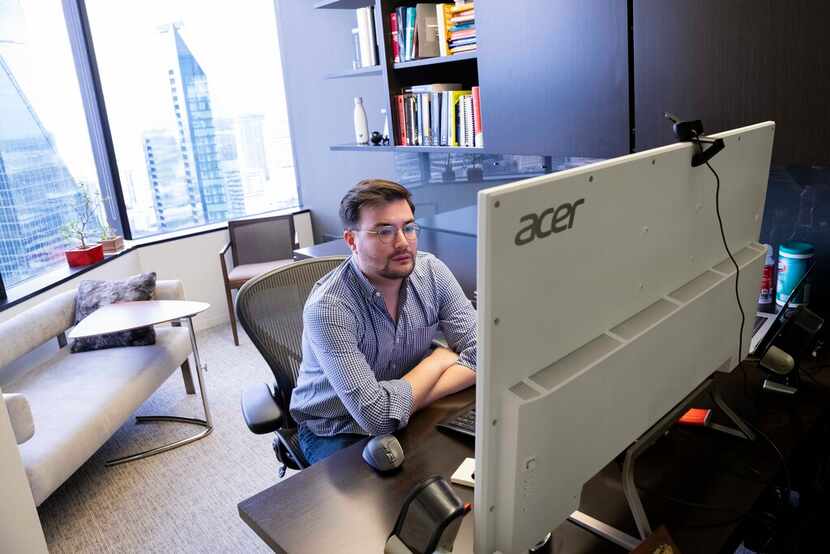 Associate Hayden Schottlaender joins a Zoom call on Aug. 17 at the Perkins Coie office in...