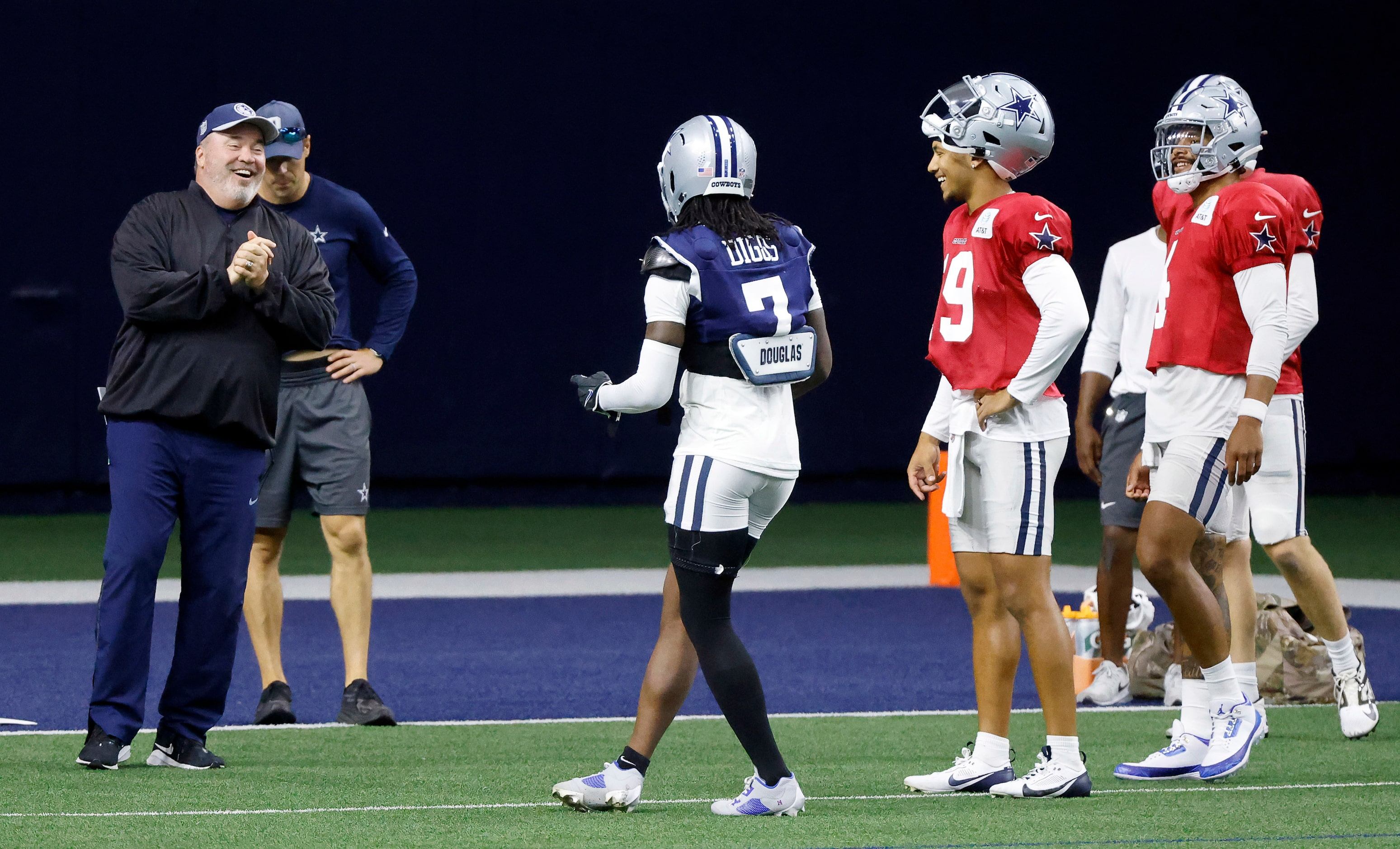 Dallas Cowboys head coach Mike McCarthy (left) reacts after cornerback Trevon Diggs (7)...