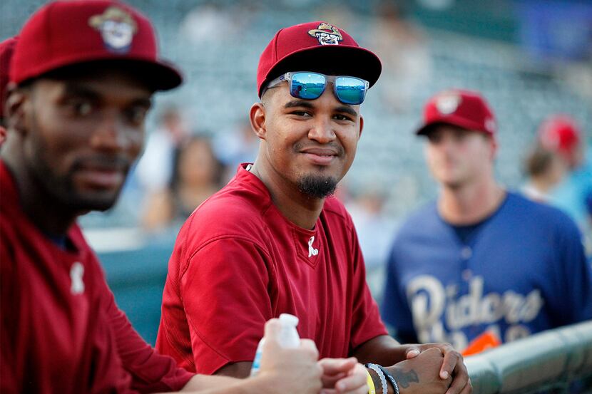 Frisco RoughRiders pitcher Yohander Mendez in the dugout before the start of the game as the...