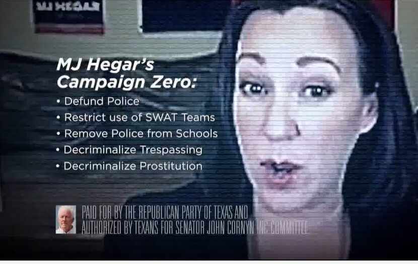 Screen grab from Cornyn campaign ad that began airing Oct. 16, 2020, alleging that MJ Hegar...