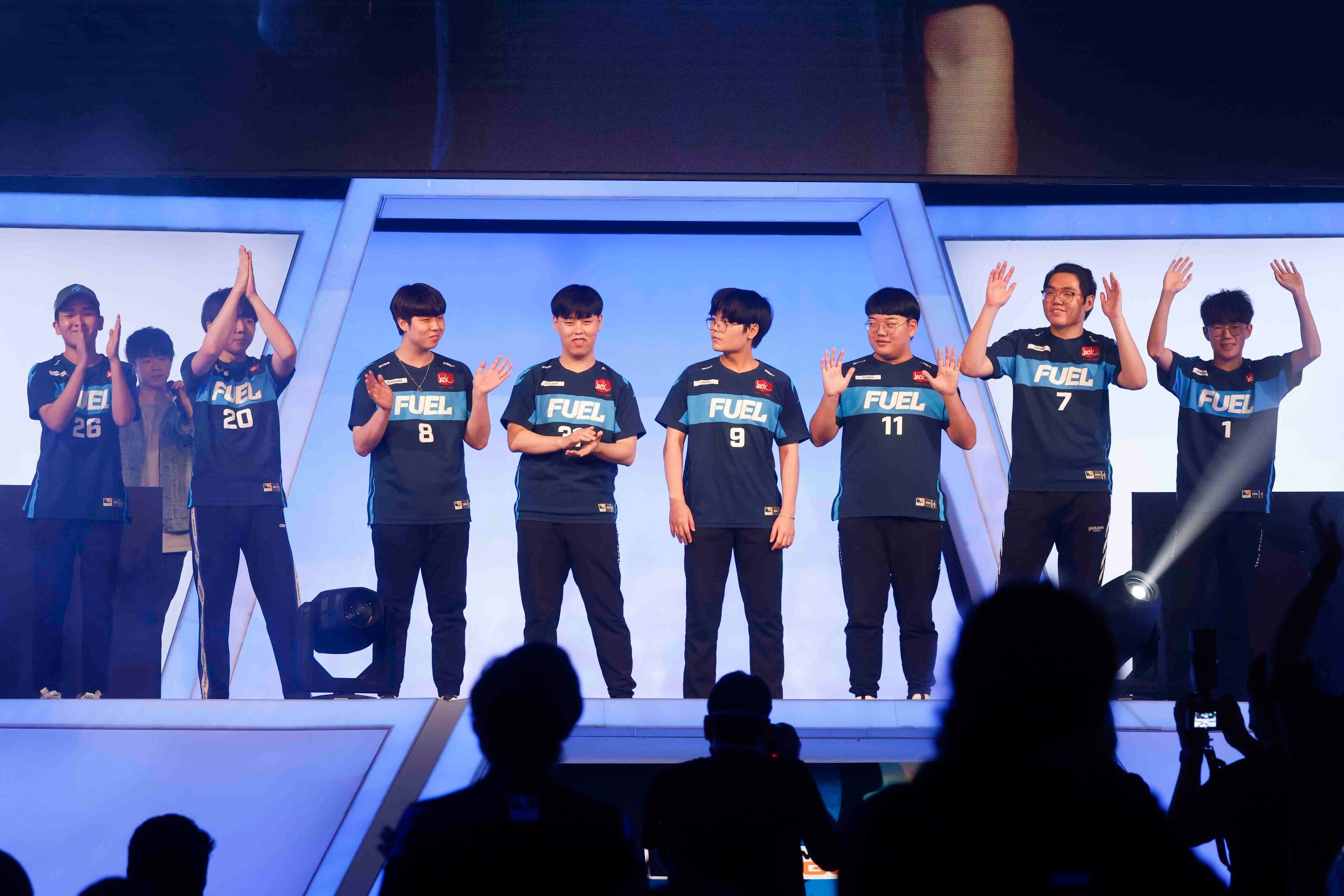 Dallas Fuel walk on the stage ahead of their match against Toronto Defiant during Overwatch...