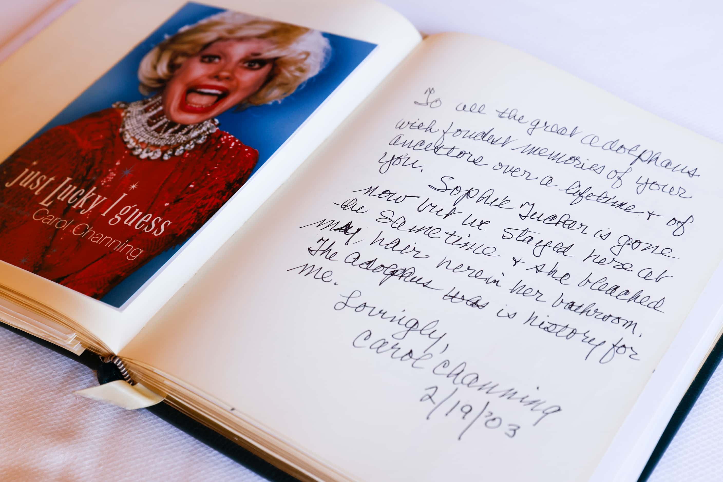 A note left by late actress Carol Channing from her visit in 2003 at the Adolphus Hotel in...
