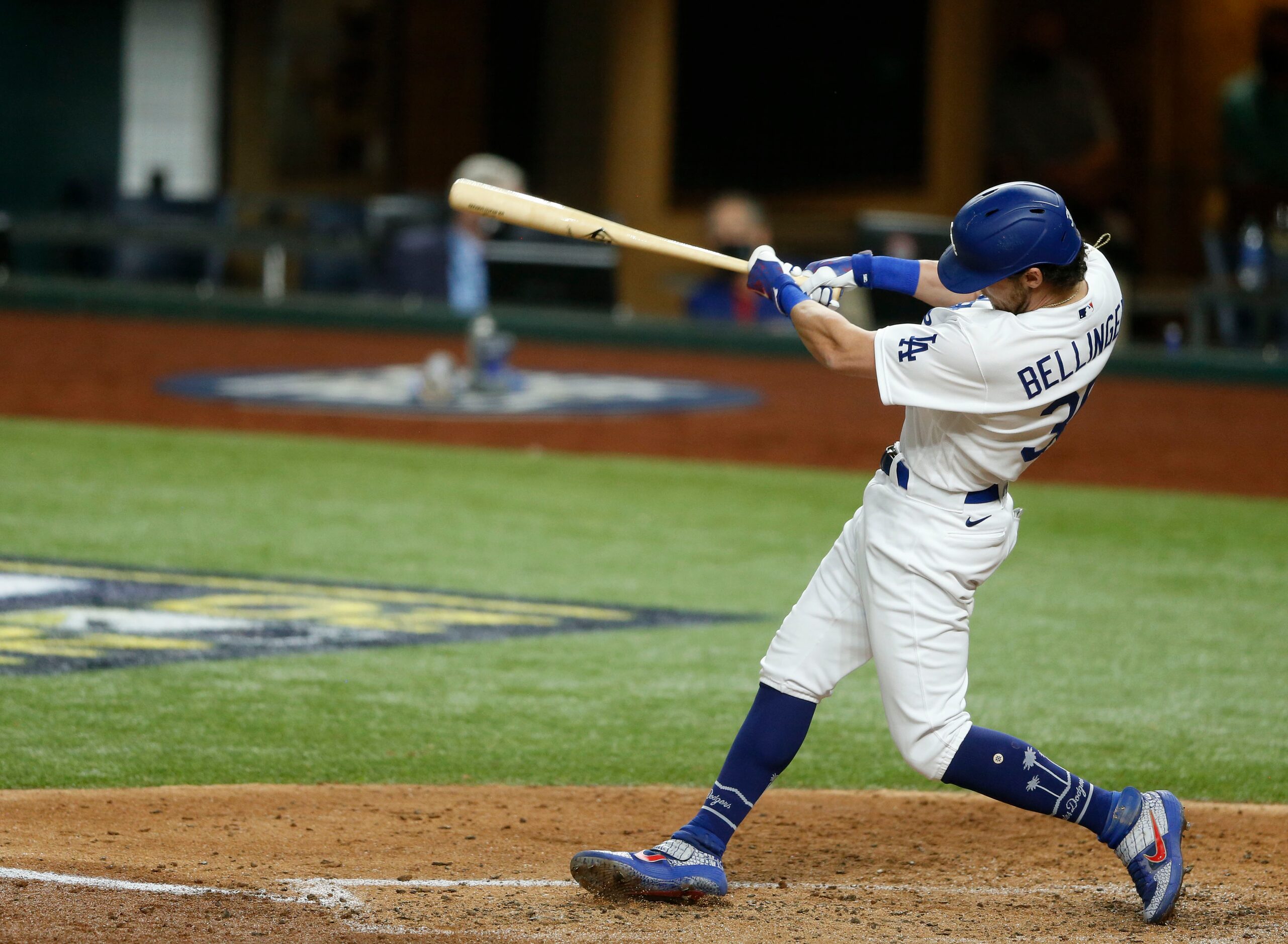 Los Angeles Dodgers center fielder Cody Bellinger (35) hits a two run home run to bring in...