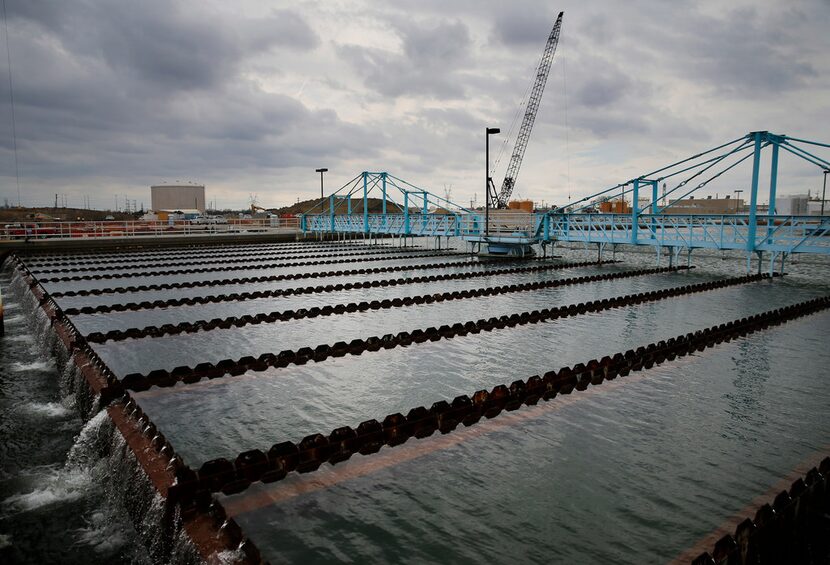 Water flows through a sedimentation basin at the North Texas Municipal Water District's...