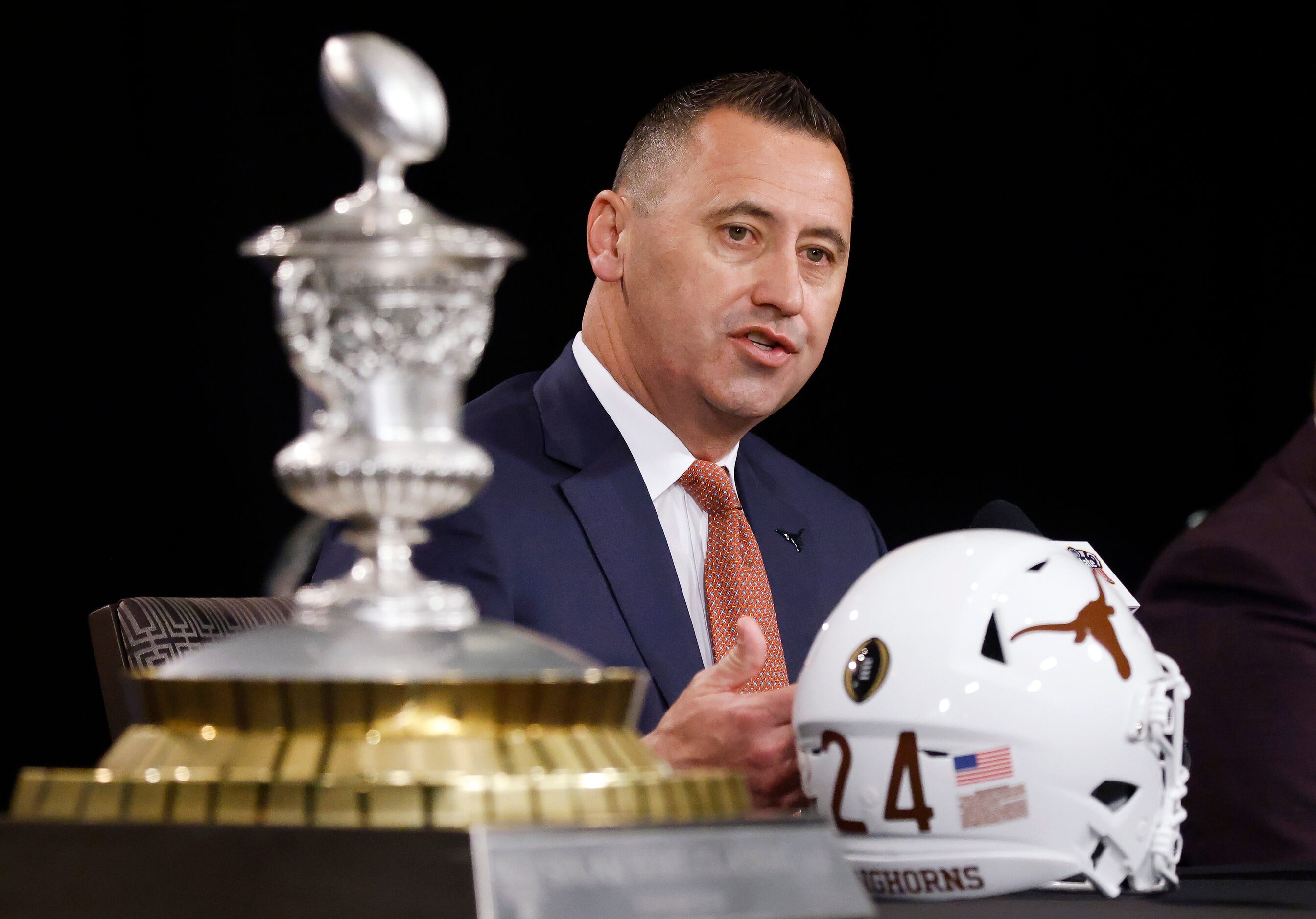 Texas head coach Steve Sarkisian answers questions from the media during his joint press...