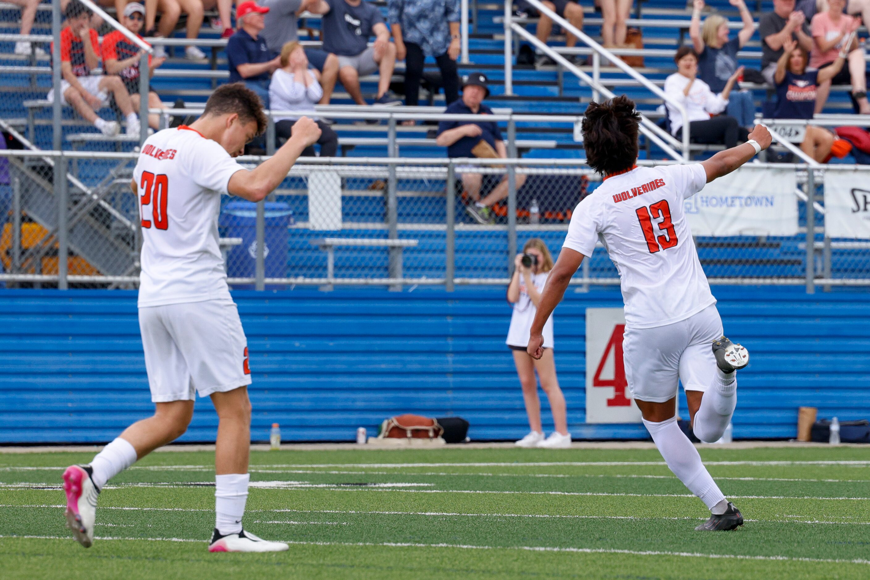 Frisco Wakeland midfielder Hazani Torres (13) celebrates his goal alongside Frisco Wakeland...