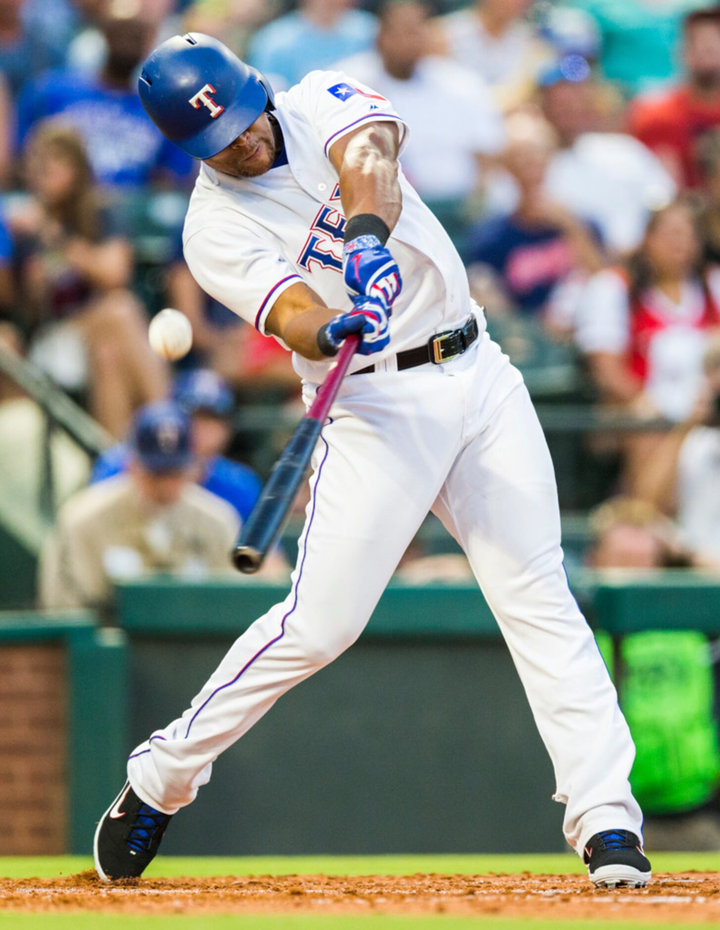 Texas Rangers third baseman Adrian Beltre (29) hits a foul ball during the fourth inning of...