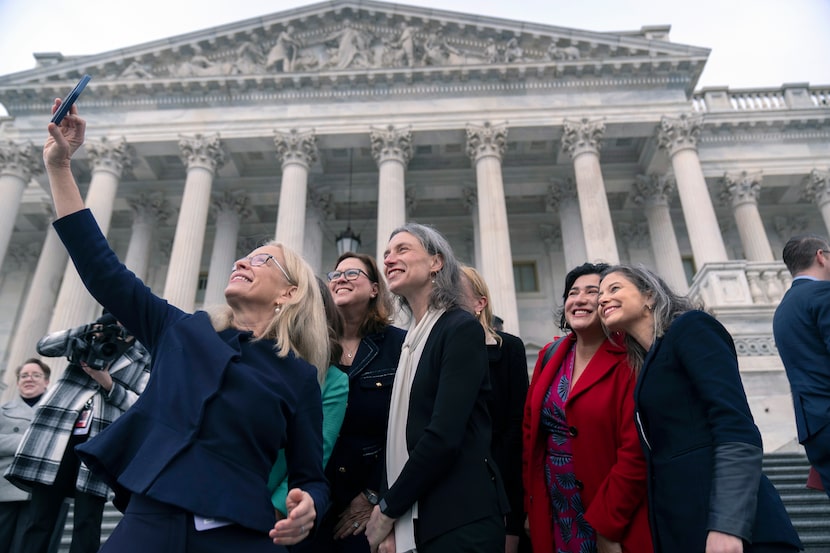 From left, Rep.-elects Kelly Morrison, D-Minn., Julie Johnson, D-Farmers Branch, Maxine...