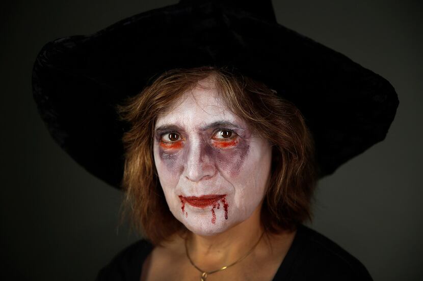 Dallas Children's Theater make-up artist Doug Burks transformed Nancy Churnin into a ghoul...