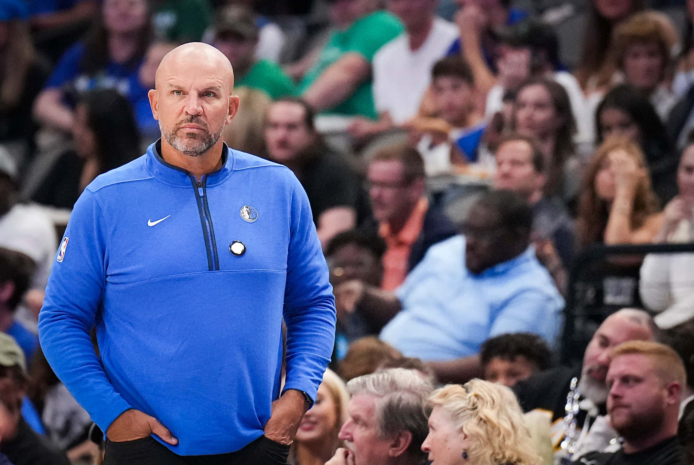 Dallas Mavericks coach Jason Kidd looks on during the first half of an NBA preseason...