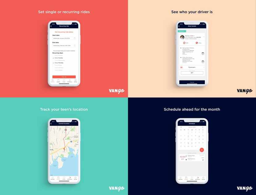 A layout shows different screens of VanGo, an app designed to help give working parents...