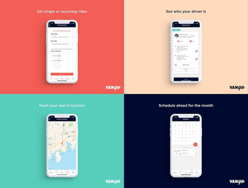 A layout shows different screens of VanGo, an app designed to help give working parents...