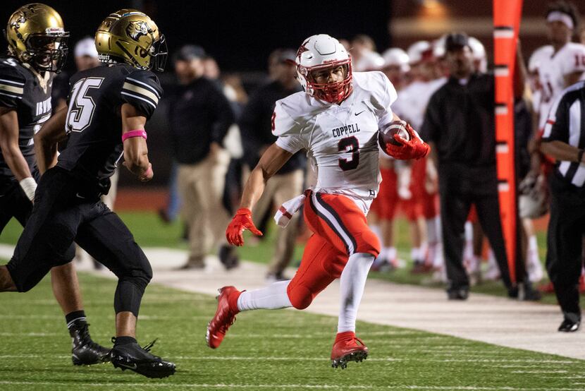 Coppell senior wide receiver Jonathan McGill (3) carries the ball against Irving during the...