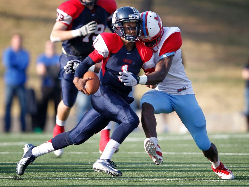 Allen's Kyler Murray (1) is hit by Skyline's Devion Anderson (8) during the first half of...