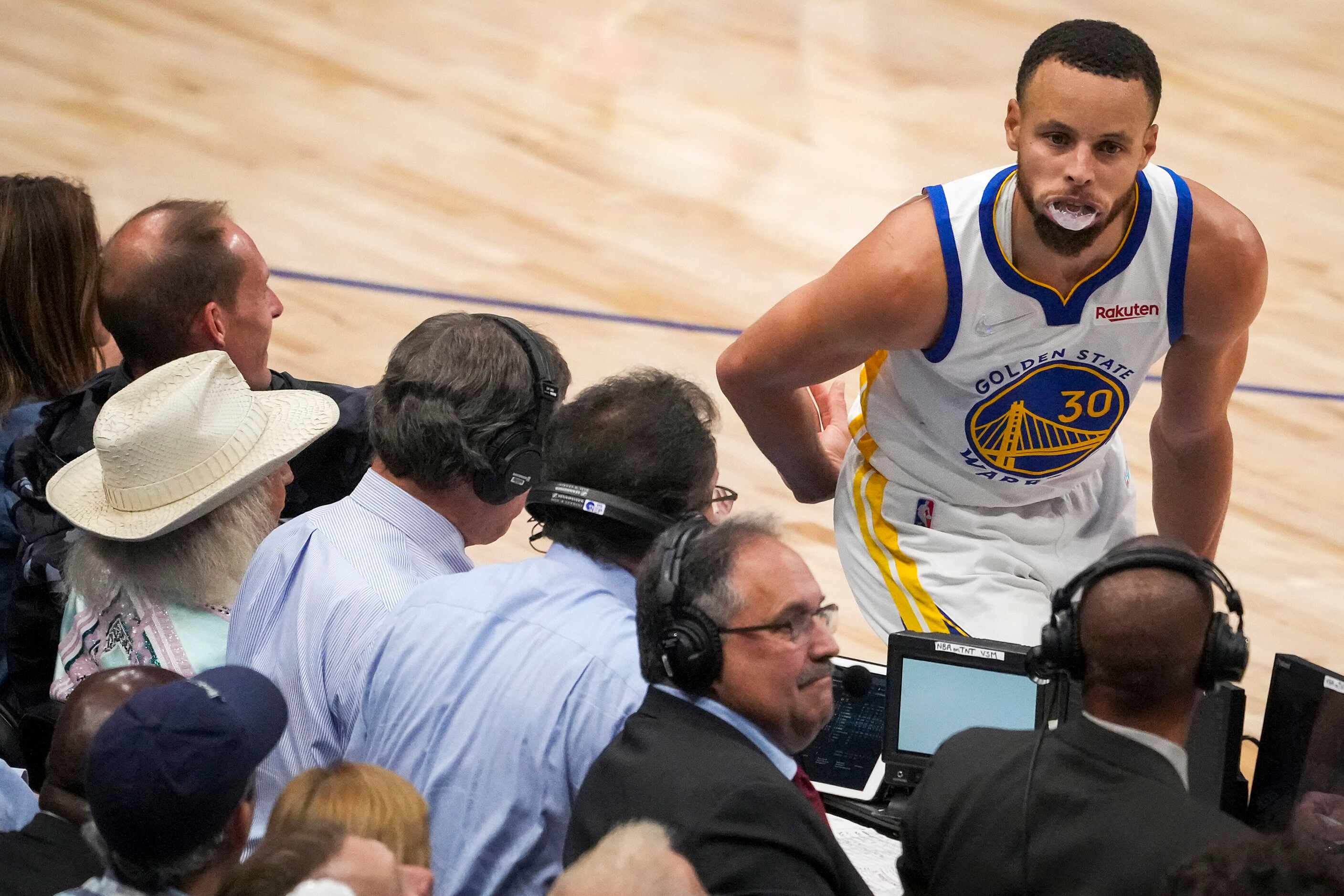 Golden State Warriors guard Stephen Curry (30) celebrates after hitting a 3-pointer during...