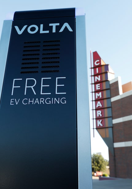 An EV charging station at Cinemark Movies 16 in Grand Prairie.