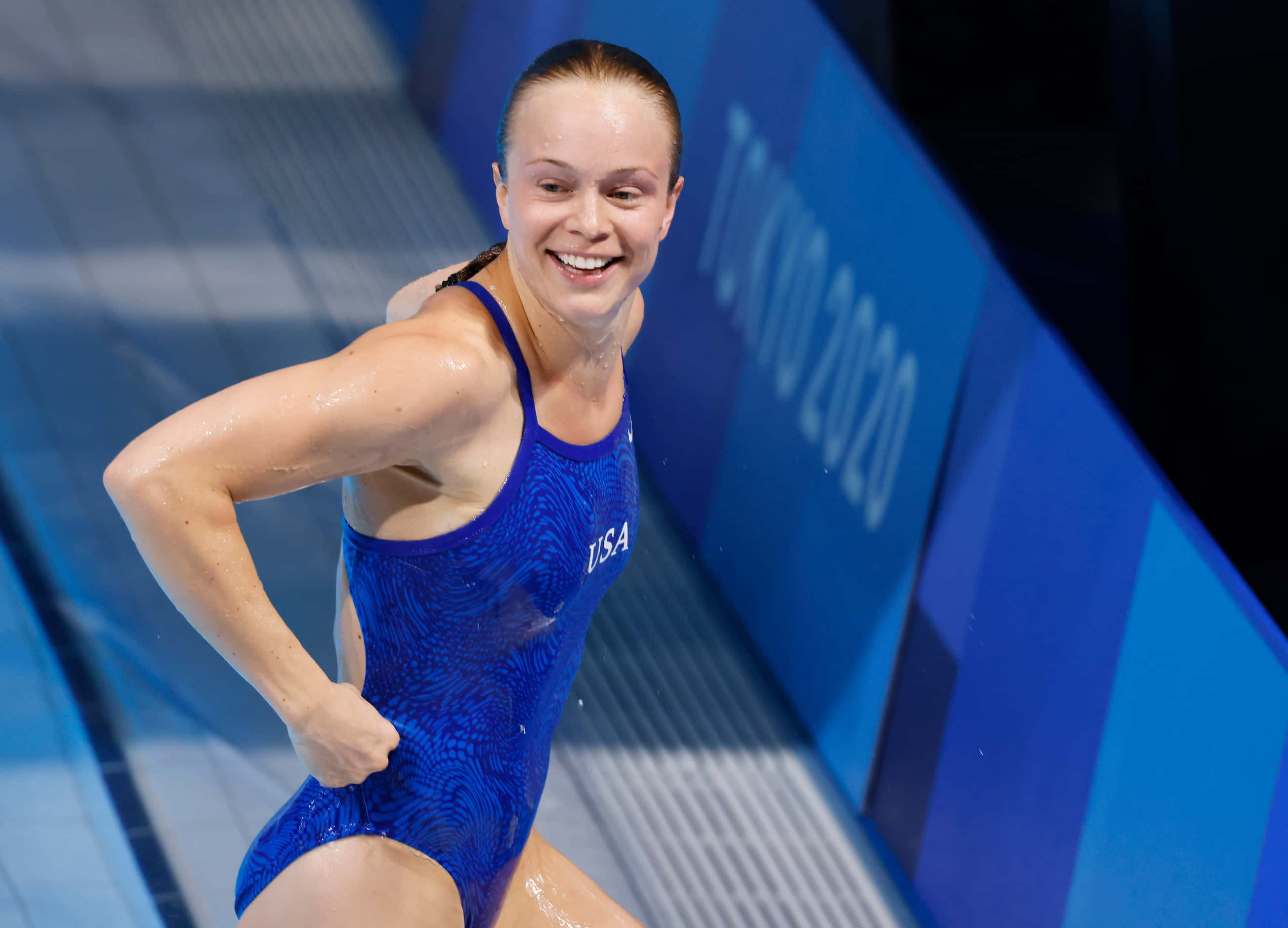 USA’s Krysta Palmer is all smiles after completing her last dive in the women’s 3 meter...