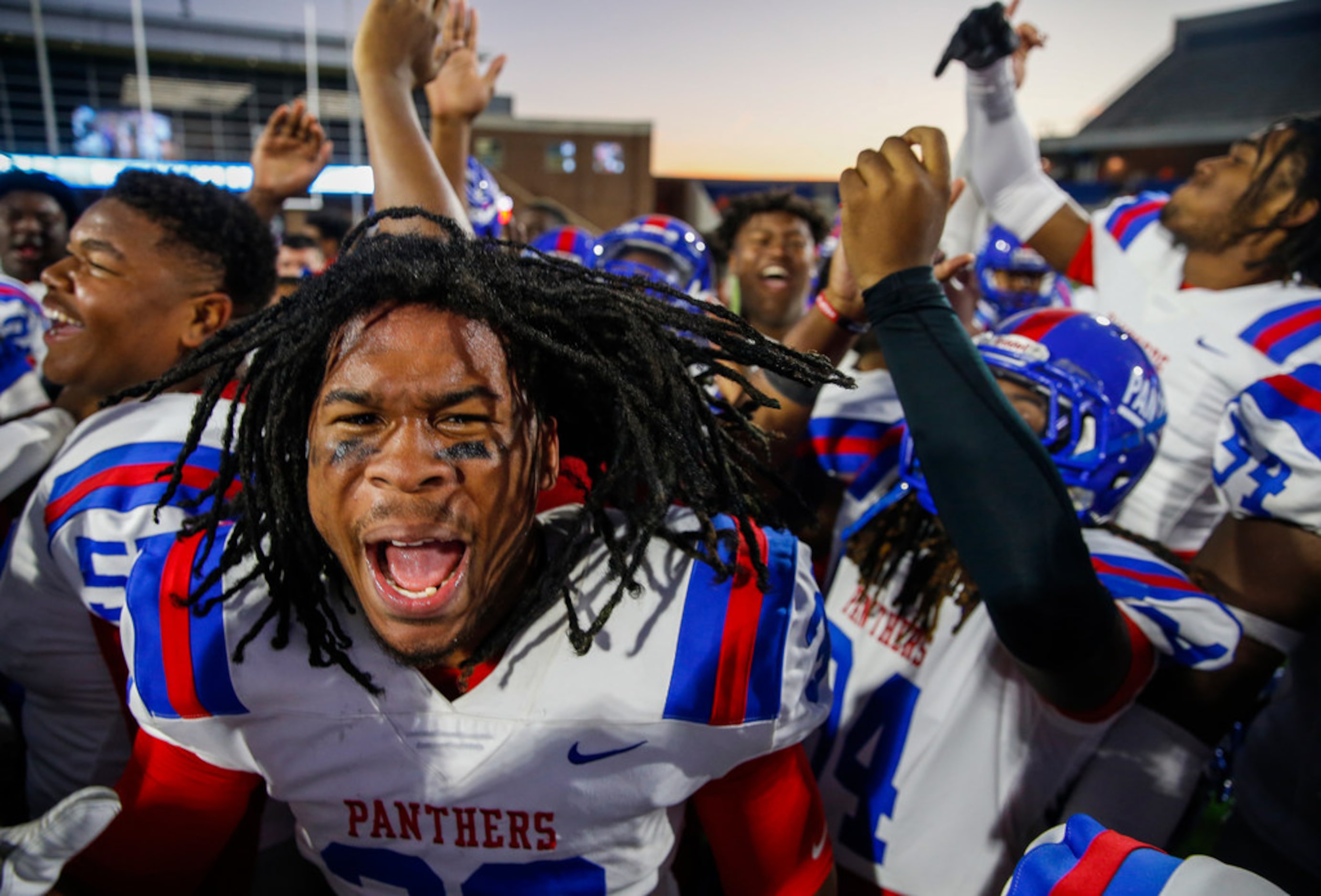 Duncanville linebacker Jordan Chapple (38) celebrates a win over Rockwall in the Class 6A...