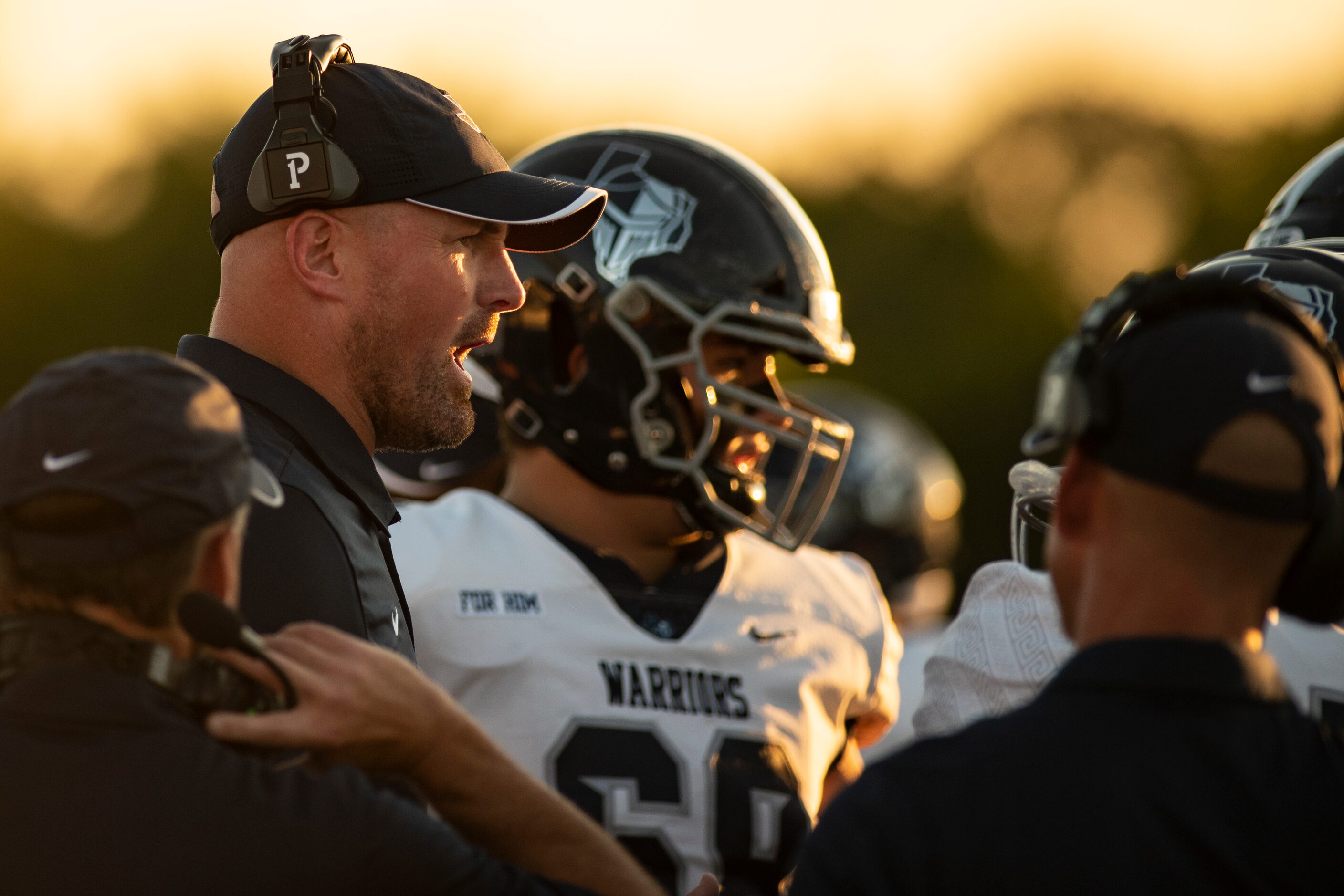 Argyle Liberty Christian Head Coach Jason Witten talks to his players before the first...