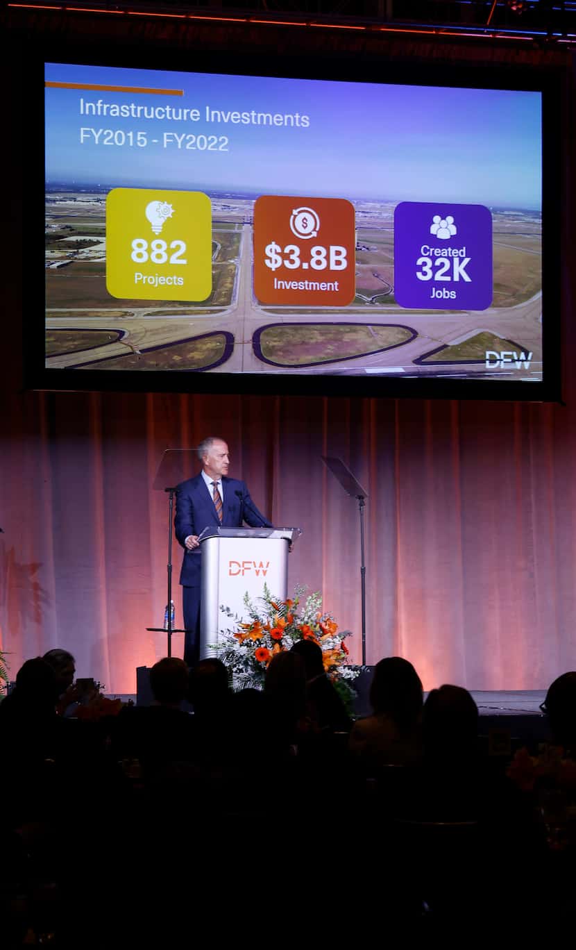 DFW Airport CEO Sean Donohue delivers the 2023 State of the Airport to those gathered for a...