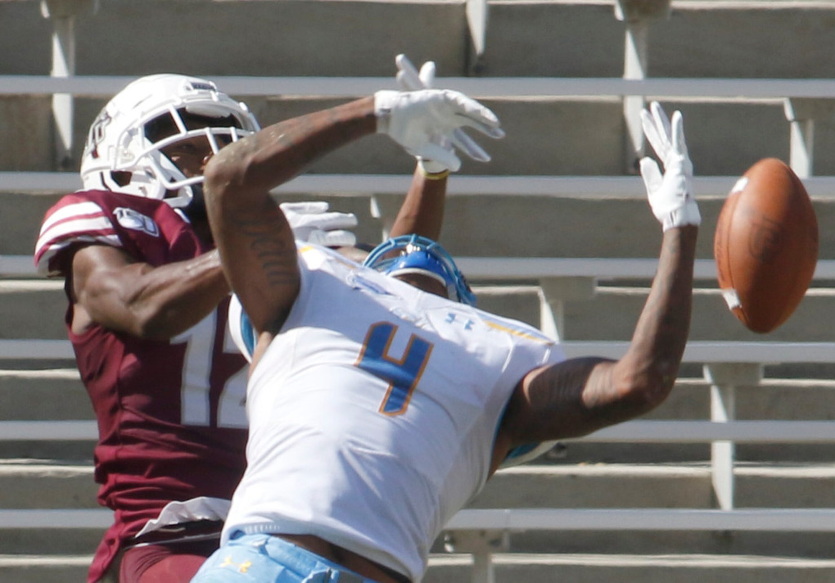 Texas Southern defensive back Josh Murray (12) breaks up a pass intended for Southern...