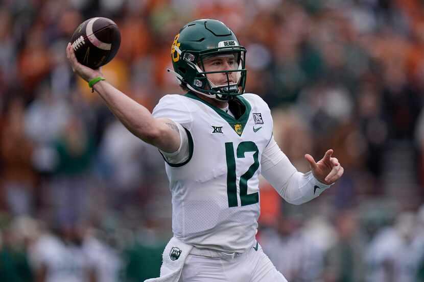 Baylor quarterback Blake Shapen (12) throws against Texas during the first half of an NCAA...