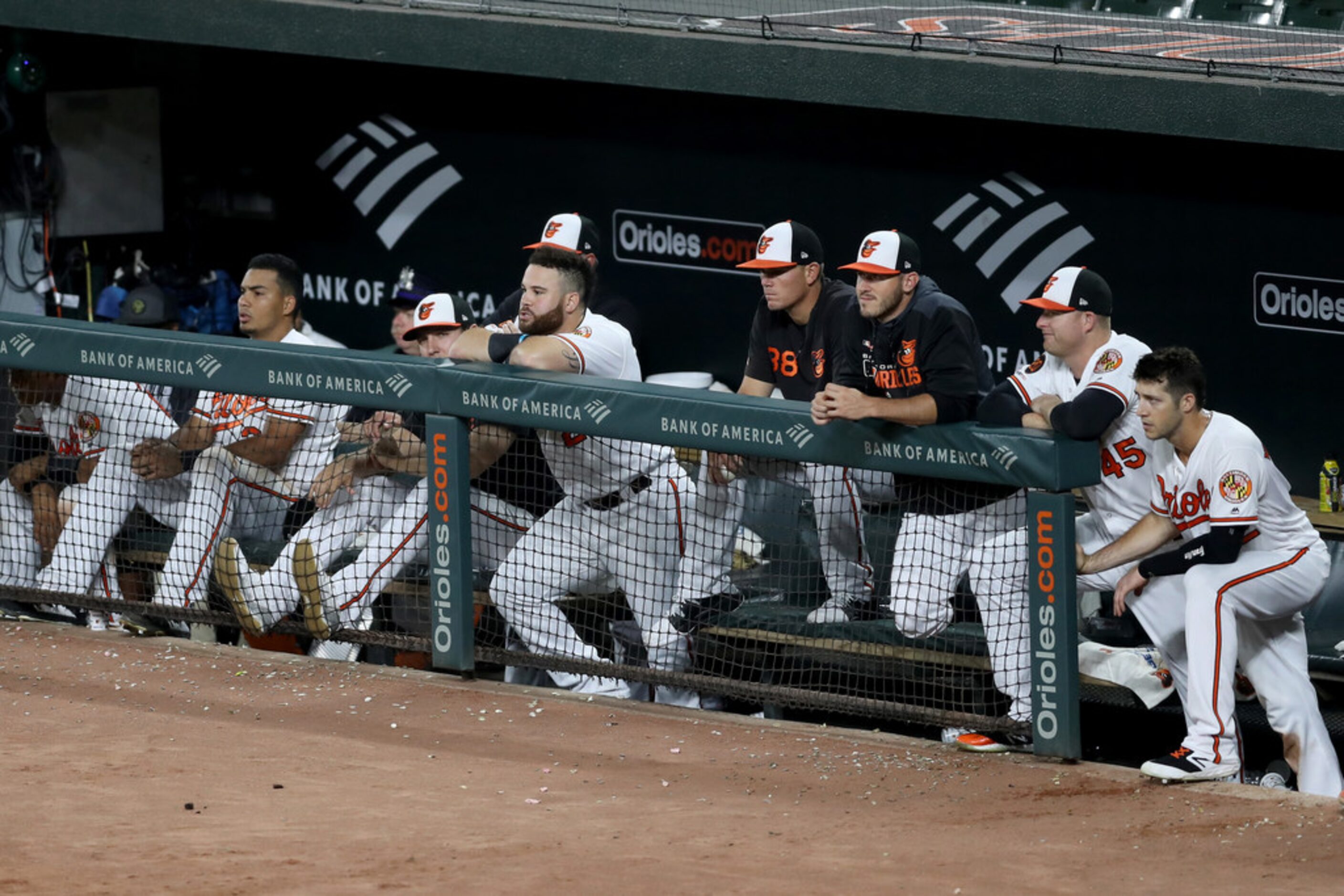 BALTIMORE, MARYLAND - SEPTEMBER 05: Members of the Baltimore Orioles look on during the...