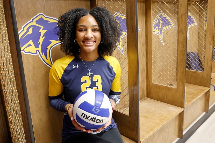 Plano Prestonwood Christian volleyball player Macaria Spears poses for a photo in a locker...