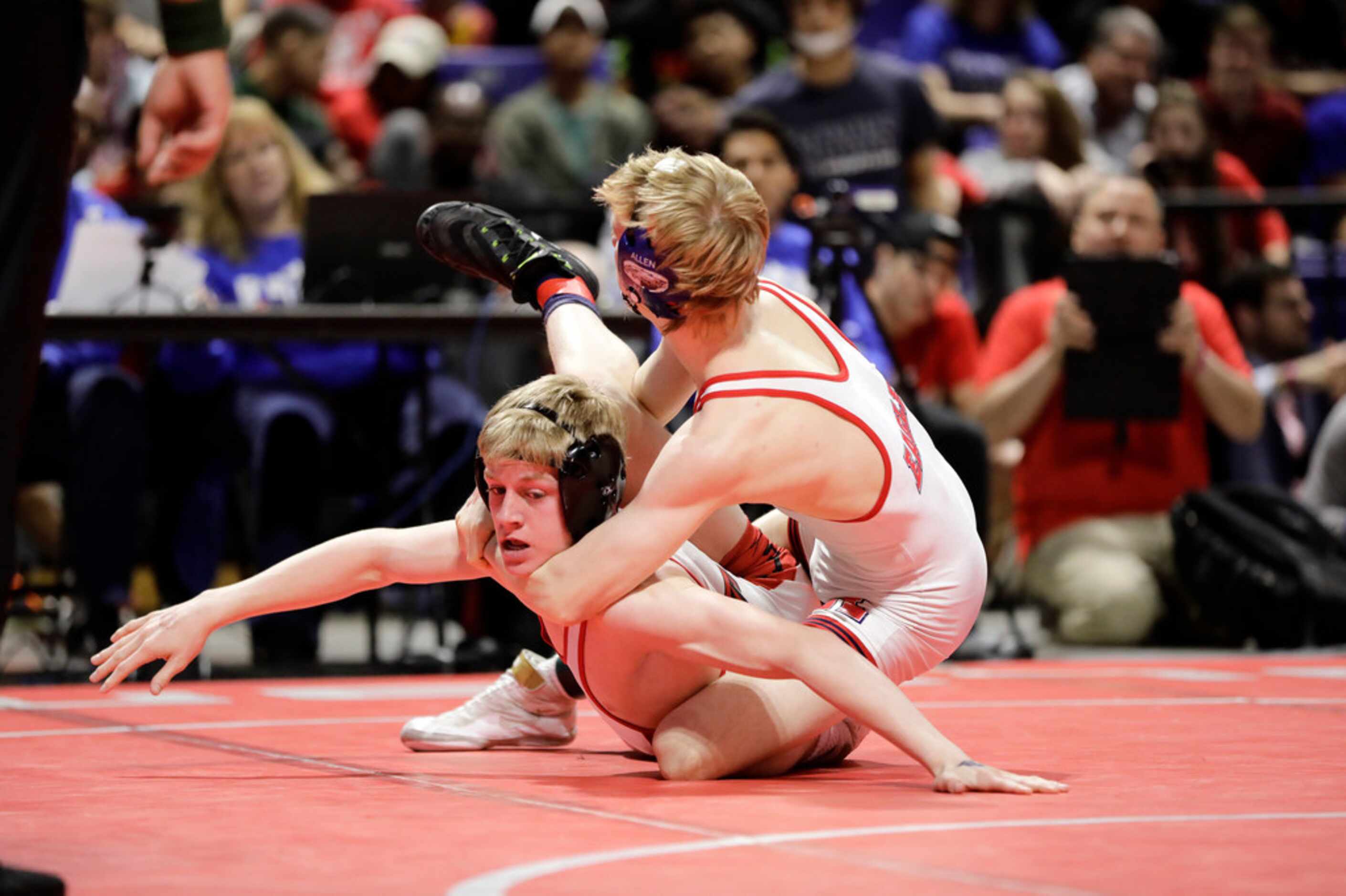 Braxton Brown of Allen wrestles during the UIL Texas State Wrestling Championships,...