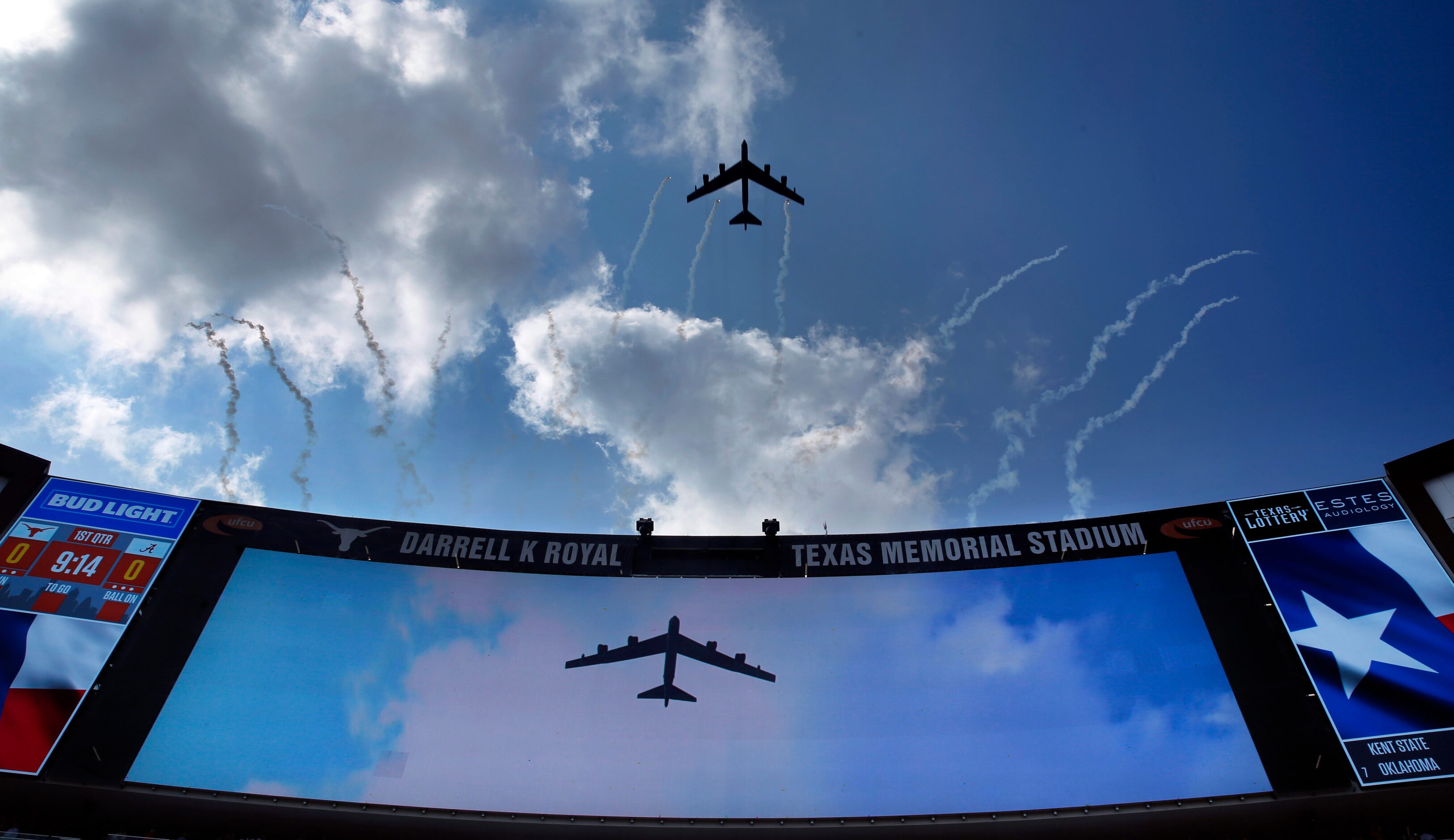 Following the national anthem, a B-52 aircraft out of Barksdale Air Force Base flies down...