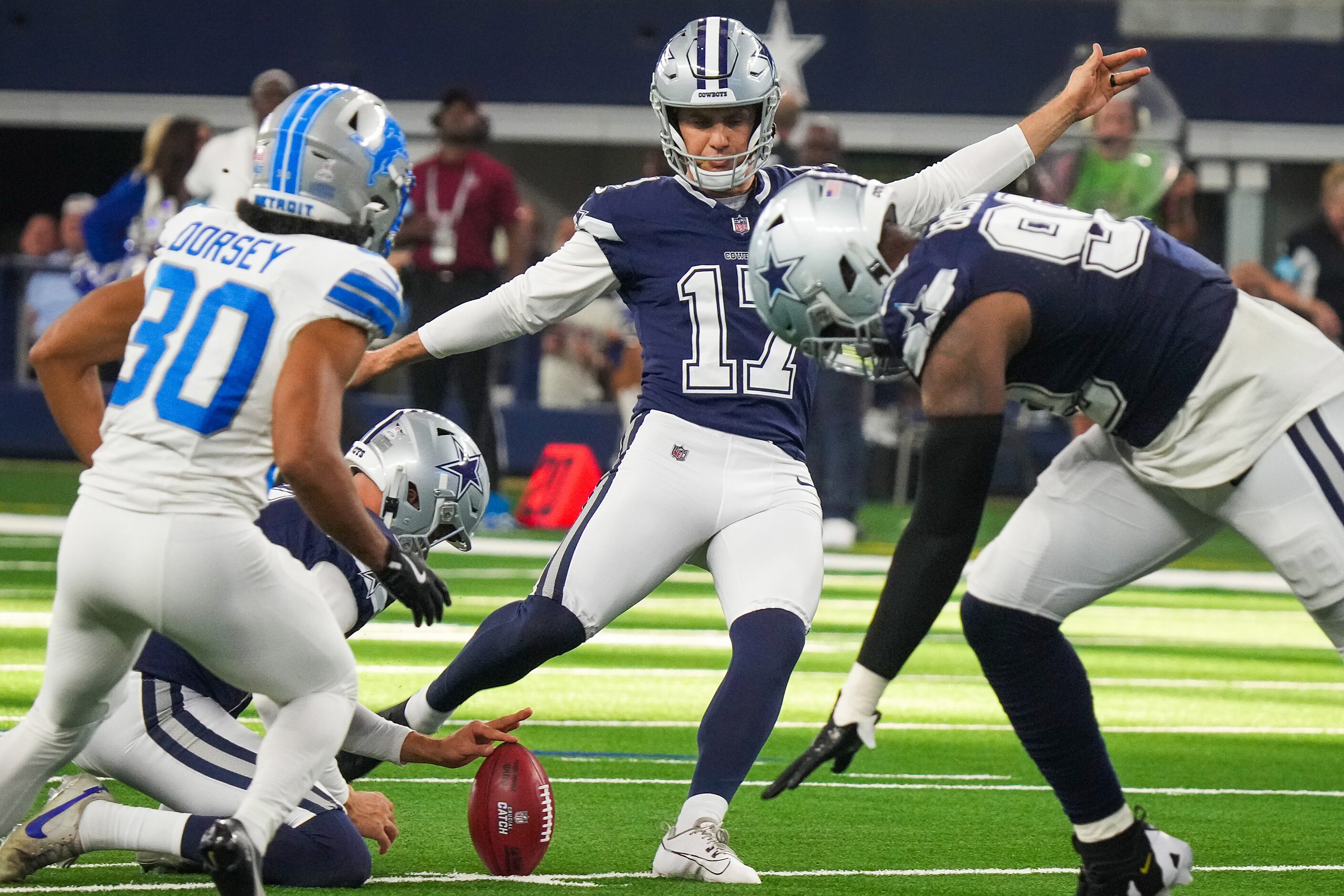 Dallas Cowboys place kicker Brandon Aubrey (17) kicks a 50-yard field goal during the second...