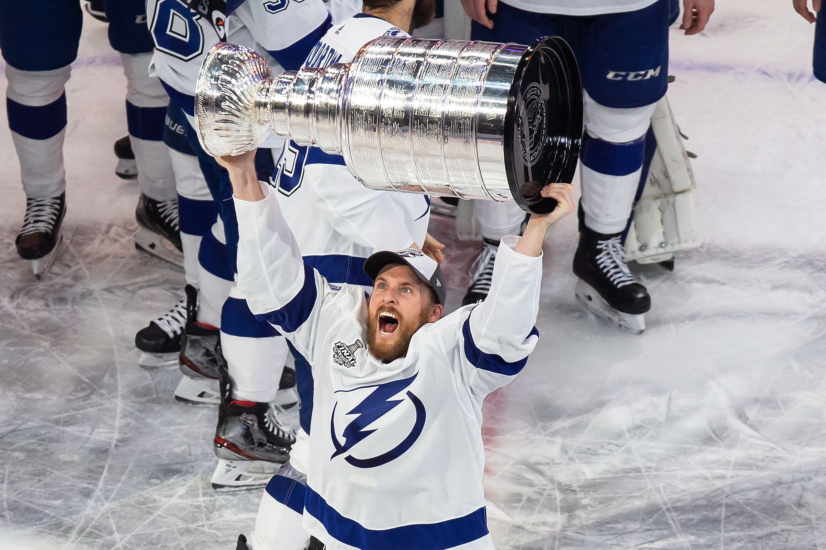 Blake Coleman (20) of the Tampa Bay Lightning hoists the Stanley Cup after defeating the...