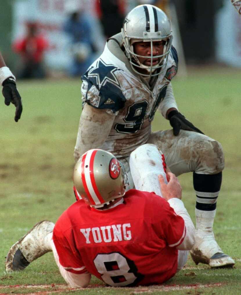 1994 NFC CHAMPIONSHIP IN SAN FRANCISCO--Charles Haley gets up after downing 49ers QB Steve...