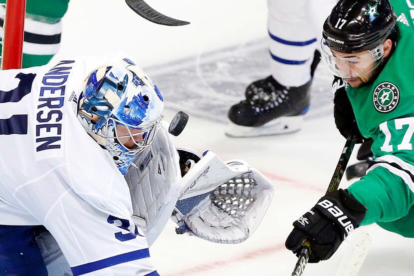 Toronto Maple Leafs goaltender Frederik Andersen (31) stops a shot by Dallas Stars center...
