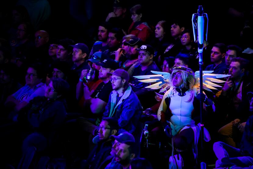 Dallas Fuel fans watch during a Overwatch League match against the Los Angeles Valiant at...
